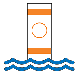 buoy with orange horizontal lines and circle in the middle in water