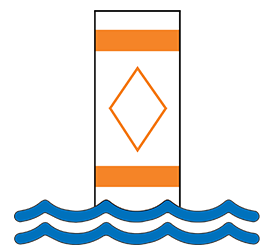 buoy with orange horizontal lines and diamond in the middle in water