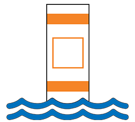 buoy with orange horizontal lines and a square in the middle in water