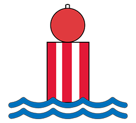 red-lined buoy with red ball on top in water